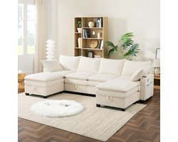 Moderne L-vormige bank - met afneembare voetenbank - voorzien van USB-poort - opbergruimte en bekerhouder - modulaire bank - beige