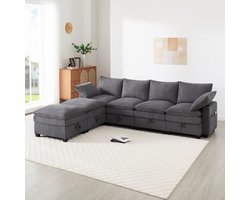 Moderne L-vormige bank - met afneembare voetenbank - voorzien van USB-poort - opbergruimte en bekerhouder - modulaire bank - grijs