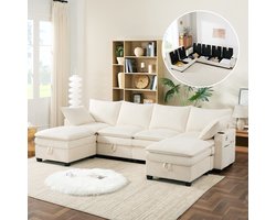 Moderne L-vormige Bank met Corduroy Hoes, L-Bank, 4-Zits Bank, Afneembare Voetenbank, USB-poorten, Opbergvakken en Bekerhouders, Modulaire Bank voor Woonkamer, Appartement en Kleine Ruimtes, Beige