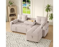 Moderne L-vormige bank - modulair bedbank - met uitschuifbaar bed - opbergruimte en uitklapbare bekerhouder - beige