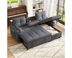 Moderne L-vormige Bank, Modulaire Slaapbank, Uittrekbare Slaapbank met Slaapfunctie, Voorzien van Opbergruimte, Neerklapbare Bekerhouder, Geschikt voor de Woonkamer etc - Grijs