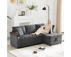 Moderne L-vormige sofa - met uittrekbare slaapbank - opbergruimte - USB-oplaadpoort - armleuningopslag en kussens - donkergrijs