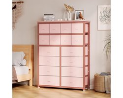 Moderne ladekast 16 lades in stof – Metalen frame – Houten blad – Veelzijdige opbergoplossing woonkamer, slaapkamer en entree – Roze