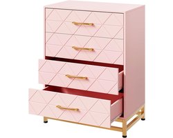 Moderne Ladekast met 4 Laden - Houten Commode met Gouden Handgrepen - Hoge Opbergkast voor Slaapkamer, Woonkamer en Kantoor - roze - 61 x 41 x 91 cm