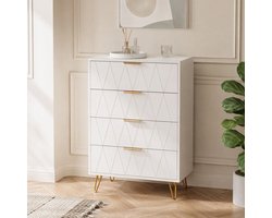 Moderne ladekast met 4 lades, Witte commode van metalen handgrepen en pootjes, anti-kantel opbergmeubel voor slaapkamer hal woonkamer, 60x34x90cm