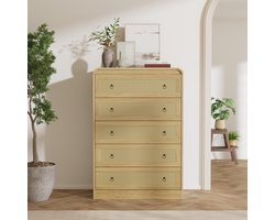 Moderne ladekast met 5 laden en rotan – Houten kist met afgeronde hoeken – Veelzijdige opbergkast voor slaapkamer, woonkamer of gang – Ook te gebruiken als tv-meubel – Lichte eikenafwerking met geweven details – 113×80×40 cm – Houtkleur