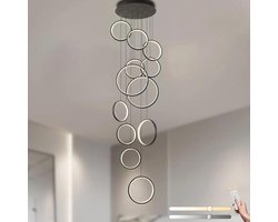 Moderne LED Kroonluchter met 12 Zwarte Ringen voor Hoge Plafonds - Dimbaar en Hoogte Verstelbaar met Afstandsbediening