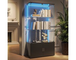 Moderne LED-vitrinekast met glazen deuren, 3-laags wijnkast met houten opbergvakken aan de onderkant, voor woonkamer, kantoor of vitrine (verzending in 2 pakketten)