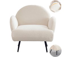 Moderne loungestoel - Ronde rugleuning met gebogen armleuningen - Wit - Teddy fleece bank - Zwarte metalen poten - Geschikt voor woonkamers, slaapkamers, logeerkamers, hallen en kantoren.