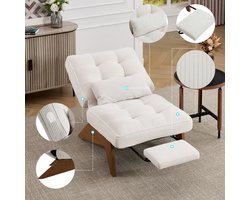 Moderne loungestoel zonder rugleuning - verstelbaar - met voetsteun - met lendenkussen - beige corduroy - houten poten