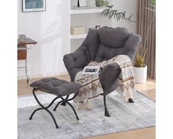 Moderne Luie Stoel met Ottomaanse - Gestoffeerde Accentstoel voor Woonkamer, Slaapkamer of Kantoor in Donkergrijs