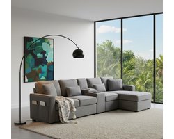 Moderne Luxe 4-Zits Bank met USB en Bekerhouders – Comfortabele Linnen Bank met Opbergruimte en Afneembare Kussens voor Woonkamer – House&Garden