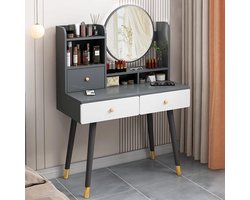 Moderne Make-uptafel Houten Kaptafel Met Spiegel Grijs - Grote Kaptafel Met 3 Laden 5 Planken - DIY Scheidingswanden - 80 x 40 x 125 cm make up tafel