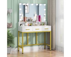 Moderne Make-uptafel met Spiegel, LED Lampen en 3 Laden - Wit, 90x40x140 cm