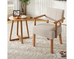 Moderne Mid-Century Fauteuil - Accent Stoel - Crème Linnen Bekleding - Houten Frame (Beukenhout) - Retro Design Lounge Chair - Belastbaar tot 150 kg