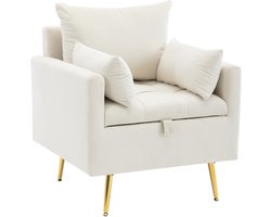 Moderne minimalistische fluwelen stoel, fauteuil, voetenbank met opbergruimte, sierkussens en armleuning loungestoel met gouden metalen poten