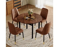 Moderne minimalistische ronde eettafelset (met 4 bruine stoelen van technische stof met zwarte metalen poten), ronde tafel met een diameter van 100 cm in houtlook, geschikt voor eetkamer en keuken.