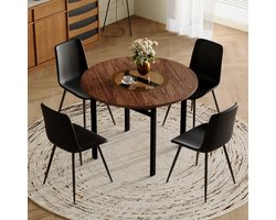 Moderne minimalistische ronde tafelset (met geïntegreerd opbergvak en 4 stoelen van zwart PU-materiaal), ronde tafel met een diameter van 100 cm in bruine houtlook, geschikt voor eetkamers.