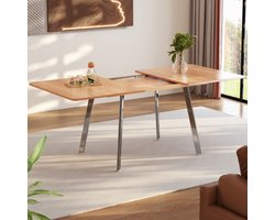 Moderne minimalistische uitschuifbare eettafel in elegante natuurlijke kleur met zilverkleurige verchroomde poten - 140 cm x 80 cm uitschuifbaar tot 180 cm, onderstel van zeer sterke legering, geschikt voor 4-6 personen