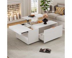 Moderne multifunctionele witte opklapbare salontafel met lades en schuifdeuren, flexibele ruimte, geschikt voor verschillende woonstijlen