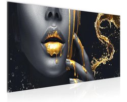 Moderne Muurschilderij Lippen in Goud en Zwart – Fleece Canvas Decoratie voor Huiskamer