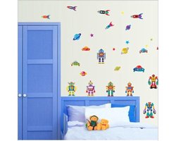 Moderne muursticker – Stoere Jongens kleuren – Planeten – Ruimteschepen – Spaceshuttles – Robot  – Muurstickers kinderkamer – Babykamer – Accessoires babykamer – Jongens – 50 x 70 minimaal (lxb) cm