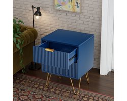 Moderne nachtkastje - 40 x 35,5 x 50 cm - Bijzettafel met 2 lades - Diepblauw met gouden poten - Geribbeld paneel - Multifunctionele ladekast