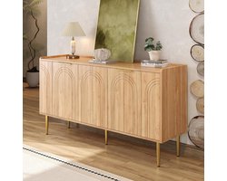 Moderne Natuurlijke Houten Dressoir Kast 140 cm met 4 Deuren, Verstelbare Planken en 20 cm Hoge Poten – Sideboard voor Woonkamer, Eetkamer en Hal met Grote Opbergruimte