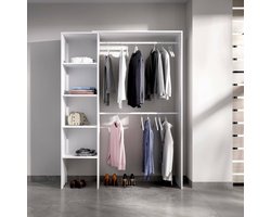 Moderne Open Garderobekast Makalu – Walk-In Closet 140 x 40 x 187 cm – 4 Planken en 2 Kledingstangen – Wit
