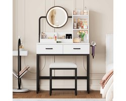 Moderne opmaattafel met LED-verlichting, draaibare spiegel & stopcontacten – inclusief kruk & zwarte metalen poten – 2 lades + 2 open opbergvakken, wit, Afmetingen: 80×138,5×40 cm (B×H×D)