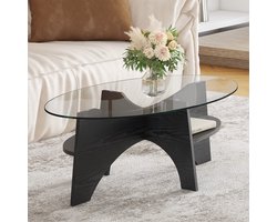 Moderne ovale bijzettafel van veiligheidsglas – lengte 104,9 cm, breedte 60 cm, multifunctioneel ontwerp. Waaiervormig frame. Tafelpoten van MDF met een zwarte houtlook. Ideaal voor eetkamers, kantoren, etc.