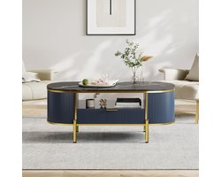 Moderne ovale salontafel met opbergruimte, 122 cm houten geribbelde salontafel voor woonkamer of kantoor, salontafels met lade, plank, blad van imitatiemarmer, gebogen profielontwerp, gouden metalen poten, blauw