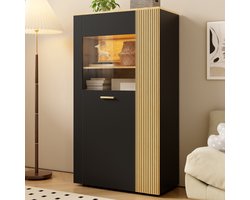 Moderne PB-opbergkast met 16 kleuren LED-verlichting, multifunctionele organizer met 3 vaste en 2 verstelbare planken, kabelbeheer voor de woonkamer (kastdeuren met glas)