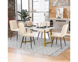 Moderne rechthoekige eettafelset - 5-delig - 1 eettafel en 4 stoelen - gouden tafelpoot en wit tafelblad - beige eetstoelen