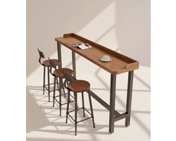 Moderne Rechthoekige Smalle Bartafel Set met 2–3 Barkrukken – Lange Houten Keukentafel met Voetenbank, Ergonomische Stoelen, Multifunctioneel voor Woonkamer, Ontbijtbar of Kantoor 180x40x105 cm – NoviHome
