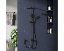 Moderne regendouche set - 25 cm ronde kunststof hoofddouche en handdouche - verstelbare telescopische rail - eenvoudige montage -zwart afwerking