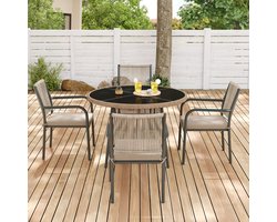 Moderne rieten tuinmeubelset – ronde glazen tafel + 4 fauteuils – ijzeren frame – geschikt voor terras/balkon/veranda