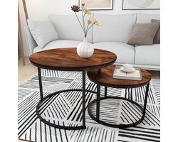 Moderne ronde bijzettafel set met 2 nesttafels voor woonkamer - Houten accent en massief staal - Rustiek bruin en zwart