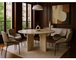 Moderne Ronde Eettafel 138 cm – Travertijn Look Beige Eettafel voor 6 Personen – Minimalistische Design Keukentafel met 2 Poten – Novihome