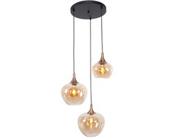 Moderne ronde hanglamp met glas Fresu | 3 lichts | goud / zwart | glas amber / metaal | Ø 35 | in hoogte verstelbaar tot 150 cm | eetkamer / eettafel lamp | modern / sfeervol design |