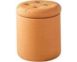 Moderne ronde kunstleren opbergpoef met deksel, gewatteerde voetenbank, schoenenbank, verborgen opbergruimte voor entree, woonkamer, multifunctioneel (oranje, 36 cm)
