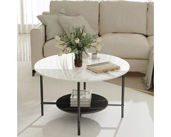 Moderne Ronde Salontafel met 2 Laags Tafelblad - Witte Gesinterde Steen en Mat Zwart Frame - 80 cm Hoogglans Met Knikkereffect