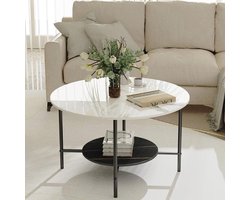 Moderne ronde salontafel - Met 2-laags tafelblad - Witte gesinterde steen - Matzwart frame - 80 cm - Hoogglans met knikkereffect