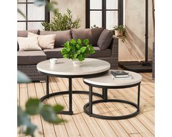 Moderne Ronde Salontafel – Nestbare Bijzettafel met Houtlook Tafelblad en Metalen Frame, Ruimtebesparend Design voor Woonkamer en Kanto,Beige