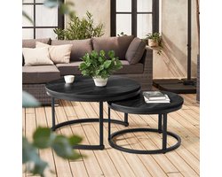 Moderne Ronde Salontafel – Nestbare Bijzettafel met Houtlook Tafelblad en Metalen Frame, Ruimtebesparend Design voor Woonkamer en Kanto,Zwart