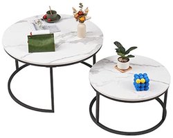 Moderne Ronde Tafel Set van 2 - Wit Marmeren Design met Zwart Metalen Frame voor Woonkamer en Slaapkamer