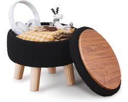 Moderne ronde voetensteun met zachte teddy fluwelen bekleding en houten poten - Accent tafel of plantenstandaard