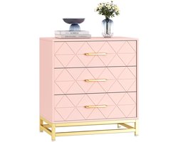 Moderne Roze Commode met 3 Laden - Luxe Ladekast met Gouden Details - Metalen Poten - Opbergkast voor Slaapkamer, Kinderkamer & Woonkamer - 73 cm Hoog