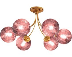 Moderne Roze Kroonluchter 6-Lichten Gouden Plafond Hanglamp met Gestreepte Glazen Shades Grote Globe Kroonluchter Mid Century Inbouw Plafond Lichtpunt voor Eetkamer Woonkamer