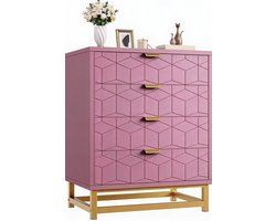 Moderne Roze Ladekast met 5 Laden - Gouden Handgrepen & Metalen Poten - Stijlvolle Commode voor Slaapkamer, Woonkamer en Hal - 60 cm Breed
